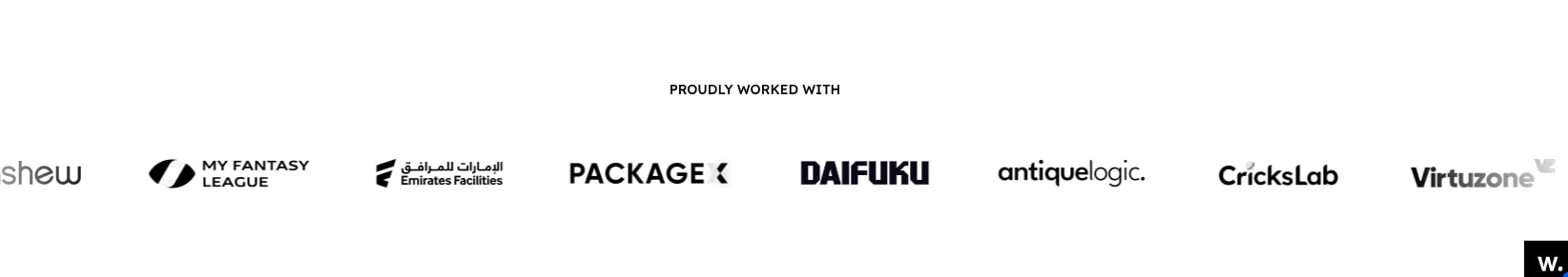 Client logo marquee on white background with PROUDLY WORKED WITH label and eight partner logos in grayscale captured website design