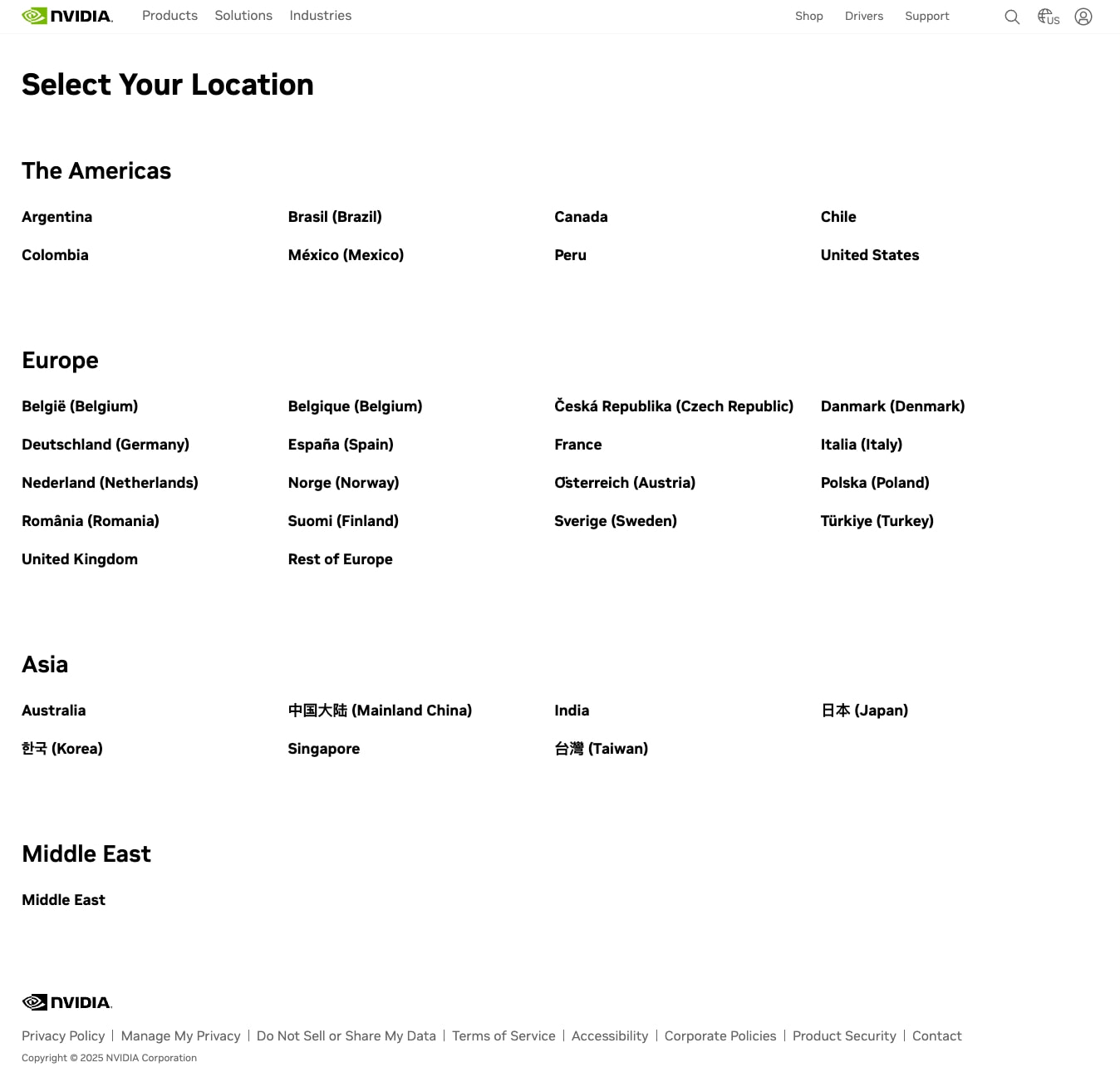 Location and Regional Selector | NVIDIA captured website design