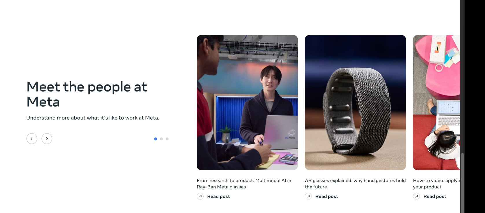 People section with large display heading, carousel navigation dots, and three article cards with rounded images captured website design