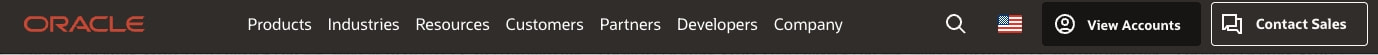 Global navigation bar with red Oracle wordmark, white text links, search icon, country selector, and two outlined buttons on dark background captured website design