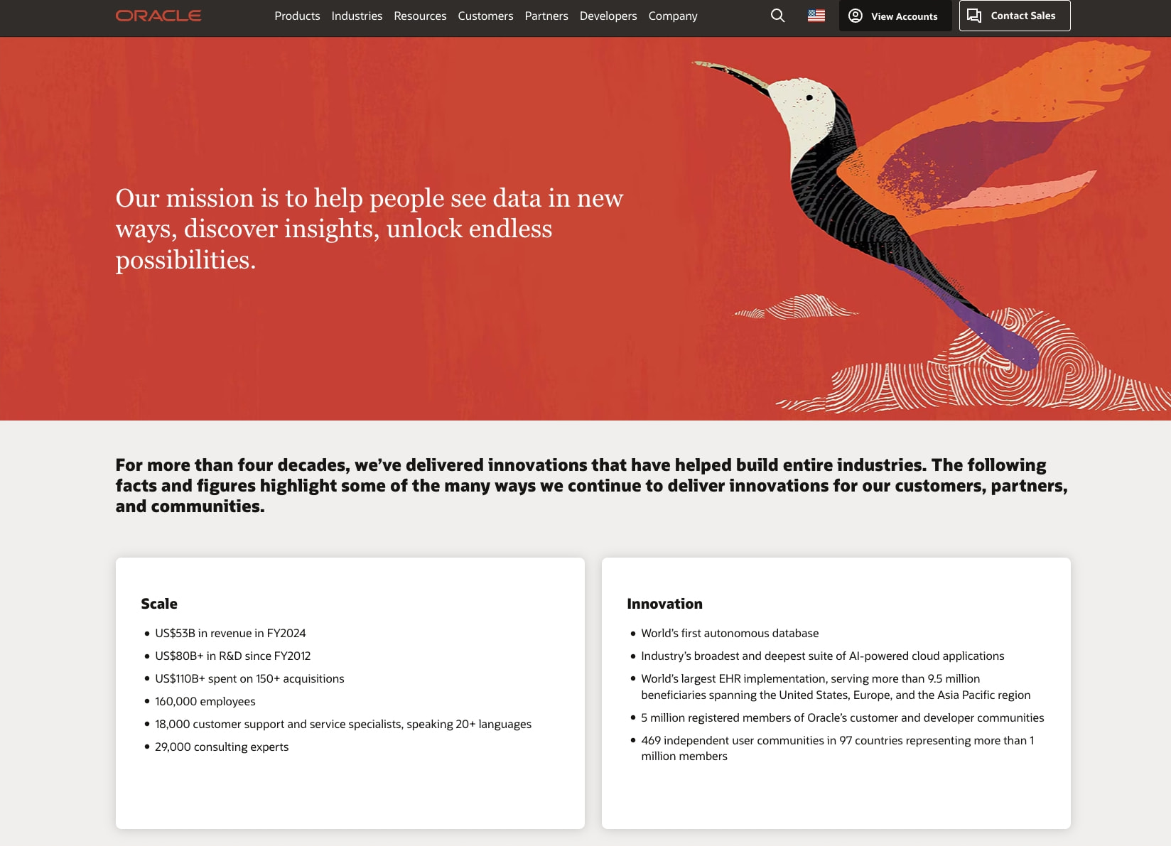 Corporate mission hero with red-orange gradient background, stylized bird illustration, and white headline over light gray fact cards with dark text captured website design