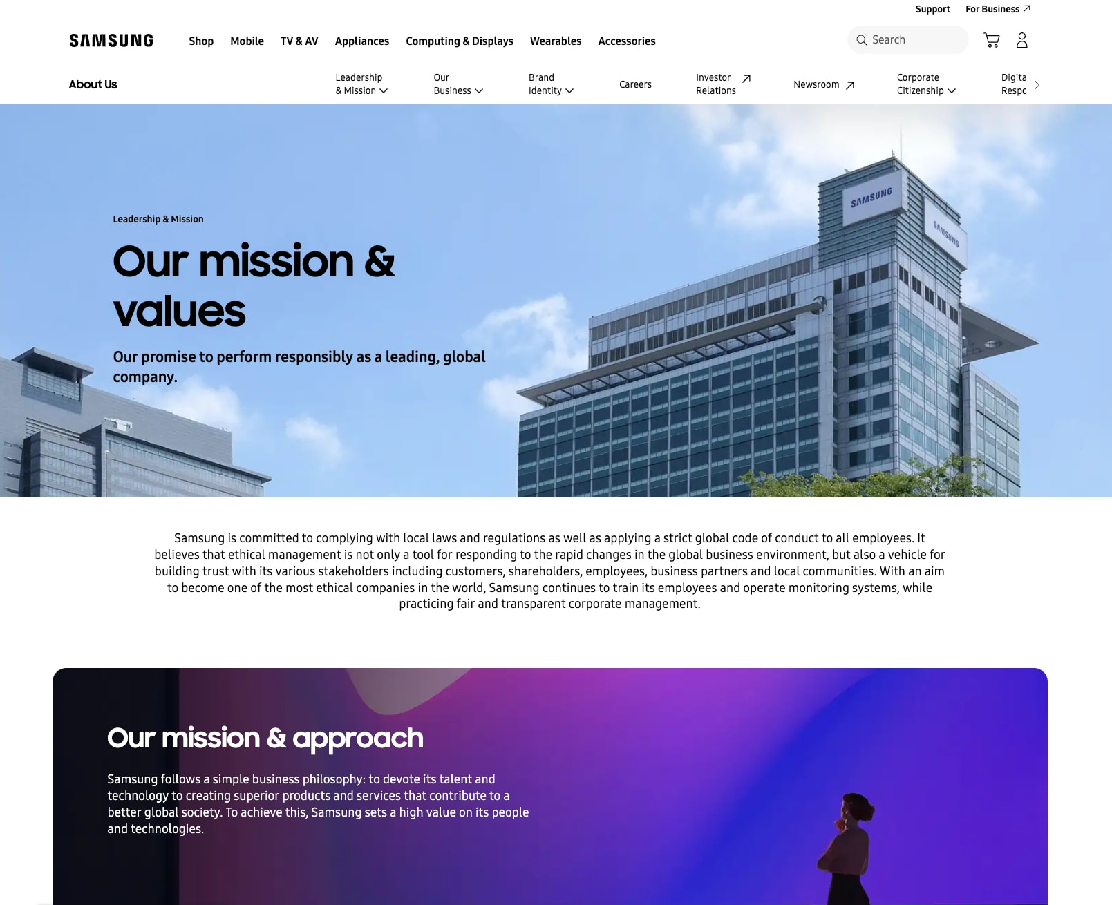 Leadership & Mission | About Us | Samsung US captured website design