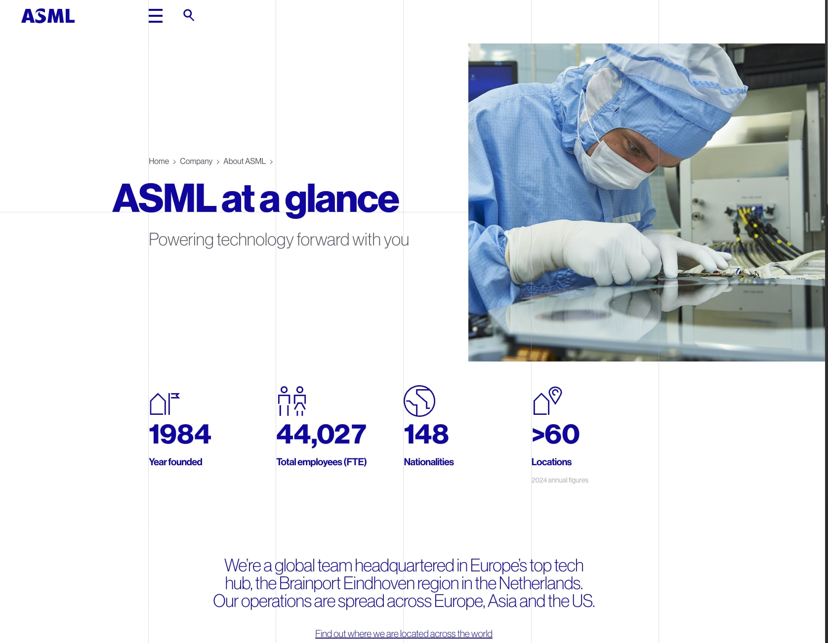 ASML at a glance hero with large blue headline, clean white background, technician photograph, and four key statistics with icons in horizontal row captured website design