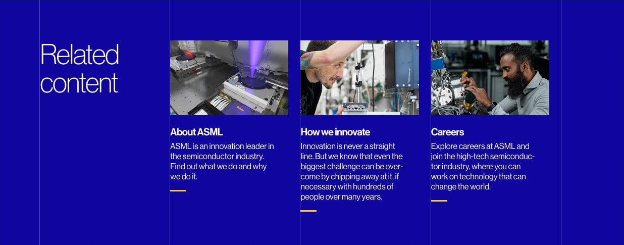 ASML Related content section with deep blue background, three image cards for About ASML, How we innovate, and Careers with yellow accent underlines captured website design