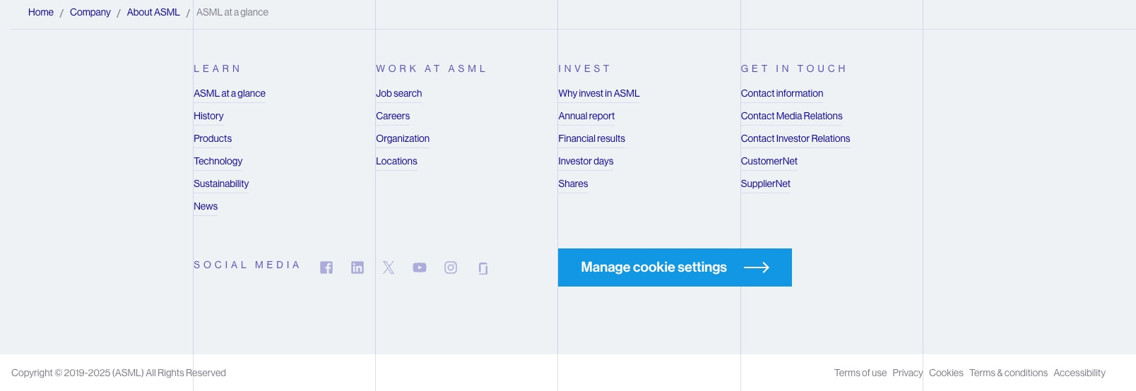 ASML footer section with four-column link grid, social media icons, blue Manage cookie settings button, and copyright text on light gray background captured website design