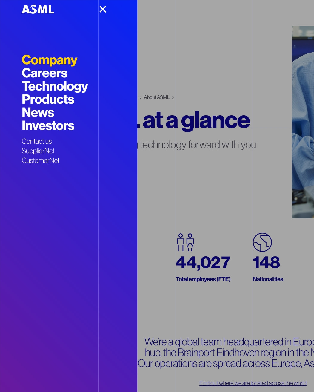 ASML at a glance page with blue navigation overlay showing Company, Careers, Technology, Products, News, Investors menu items and employee statistics on light background captured website design