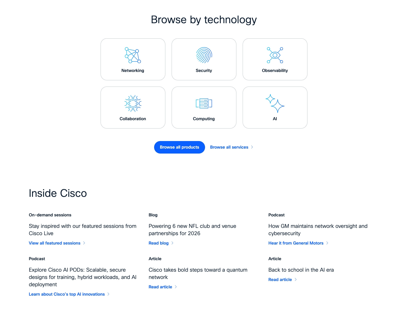 Technology category grid with six icon cards and Inside Cisco content section with three-column layout captured website design