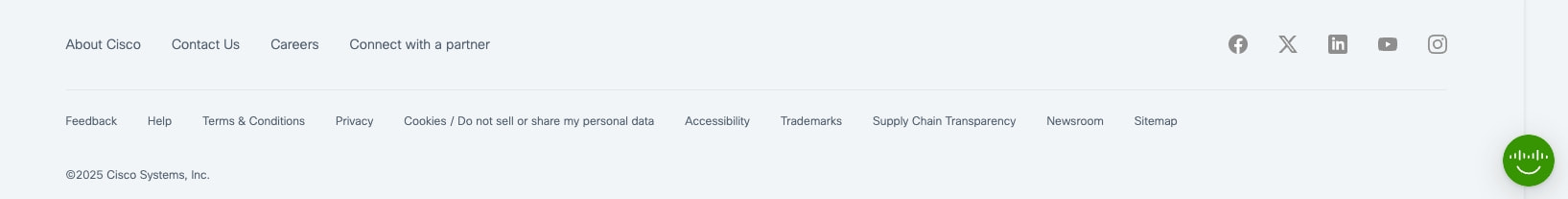 Footer section with Cisco corporate links, social icons, and green accessibility widget on light gray background captured website design