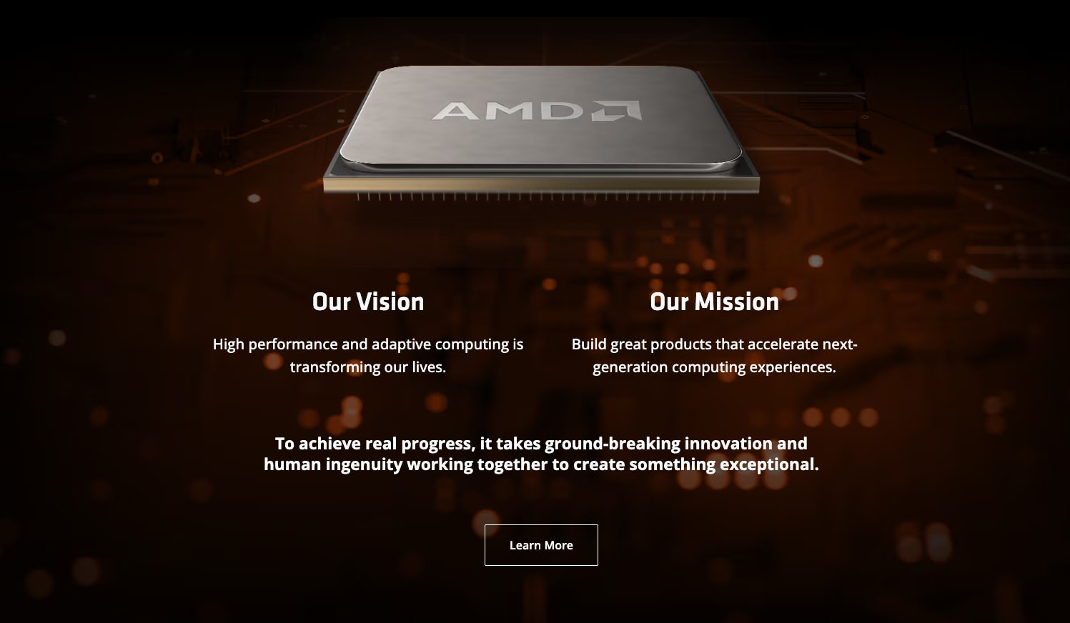 Hero with floating processor, paired vision and mission columns captured website design