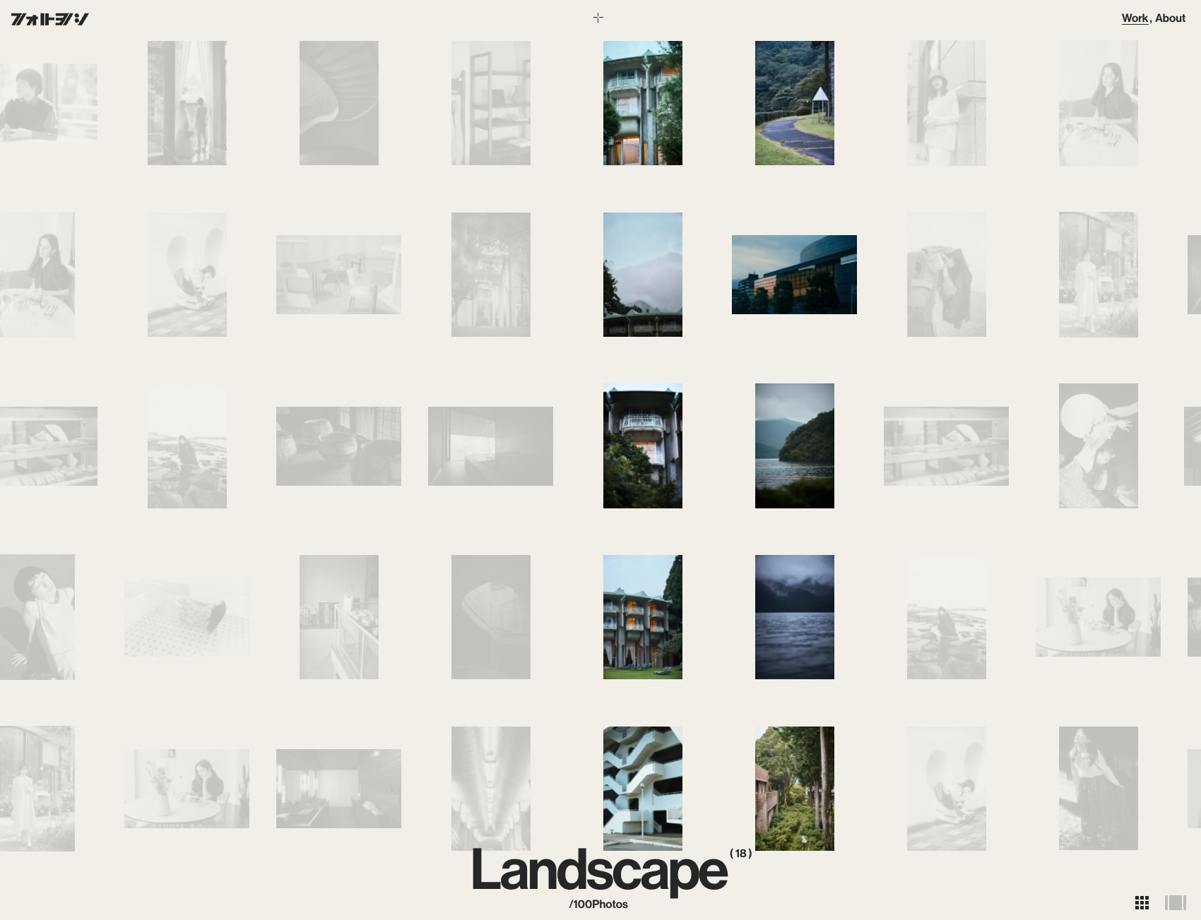 Landscape portfolio grid with staggered masonry layout and category label overlay captured website design