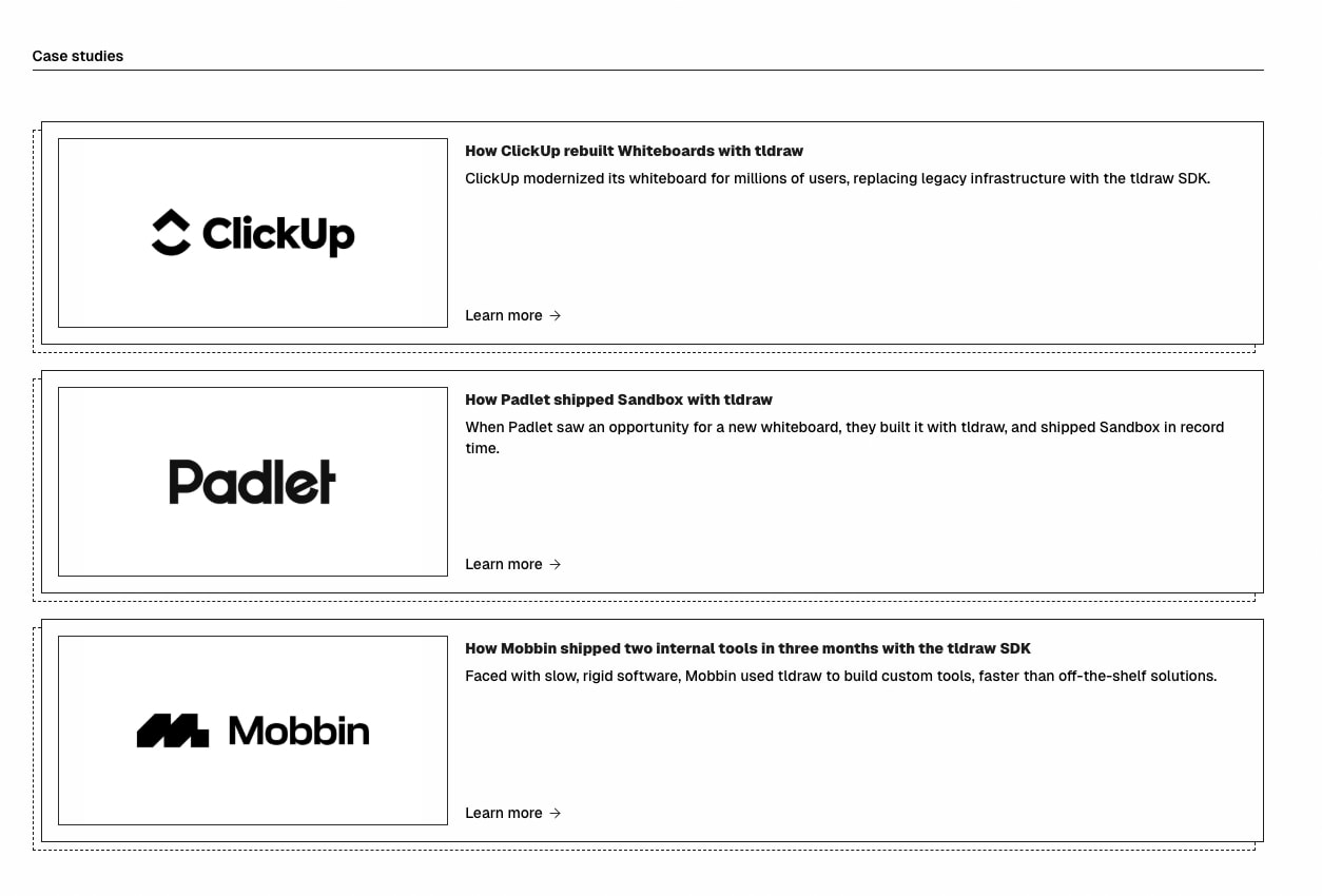 Case studies section with three stacked cards featuring ClickUp, Padlet, and Mobbin logos with bordered thumbnails and arrow links. captured website design
