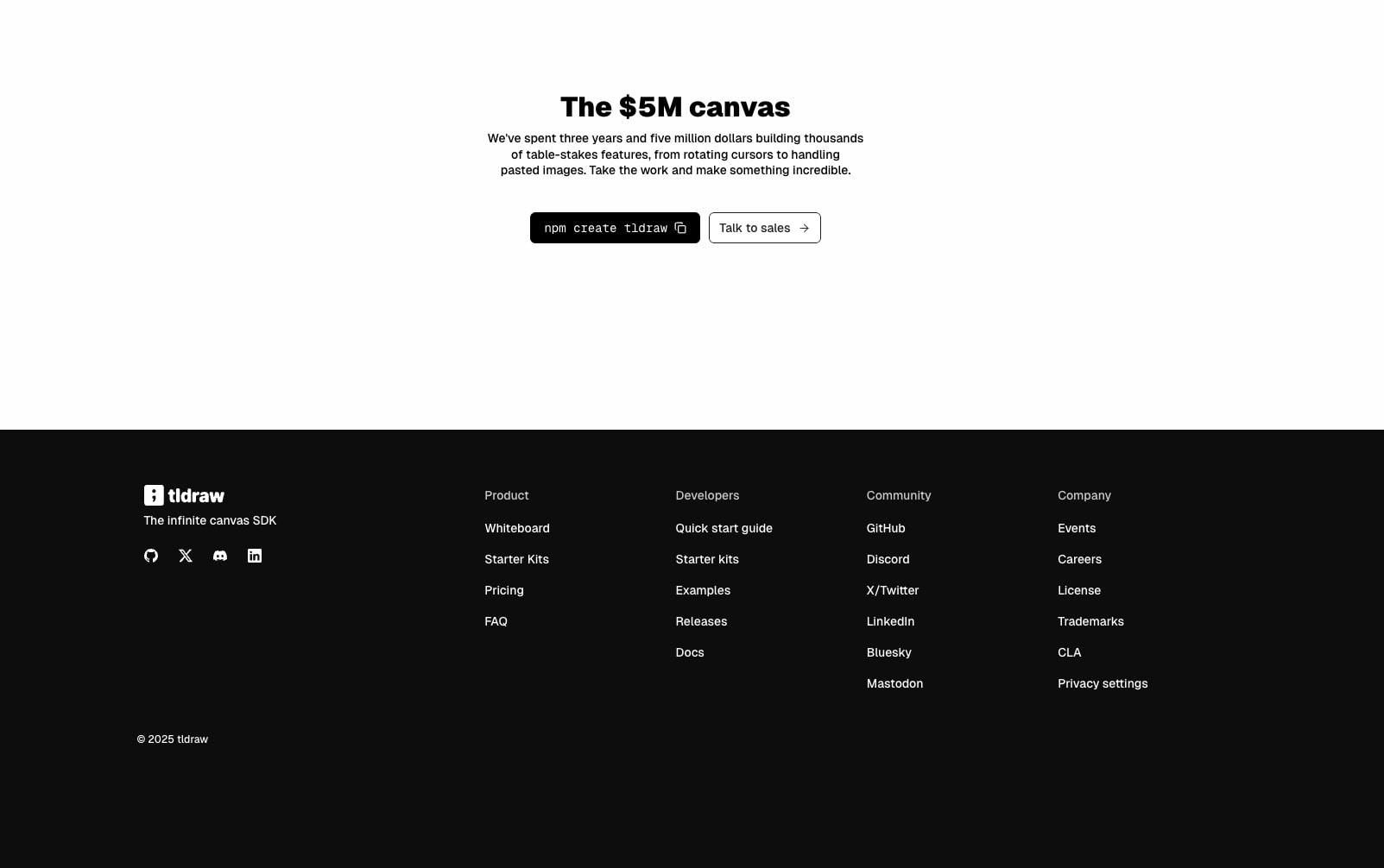 Homepage hero section with bold '$5M canvas' headline, code-style CTA button, and dark footer with multi-column navigation links and social icons. captured website design