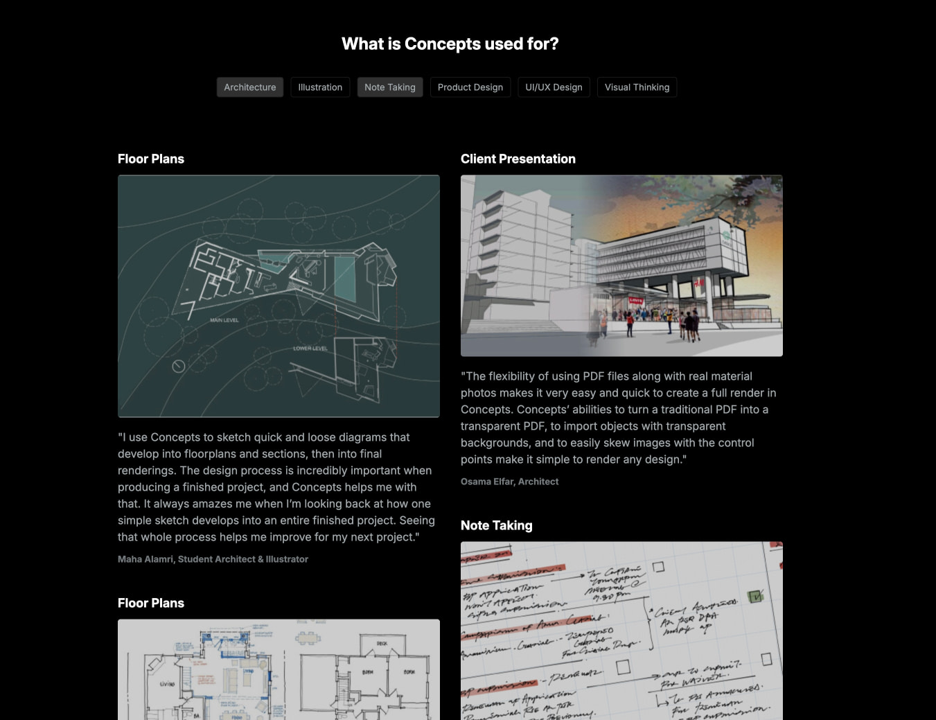 Use-case gallery with horizontal filter pills, two-column testimonial cards with architectural sketches and handwritten notes imagery captured website design
