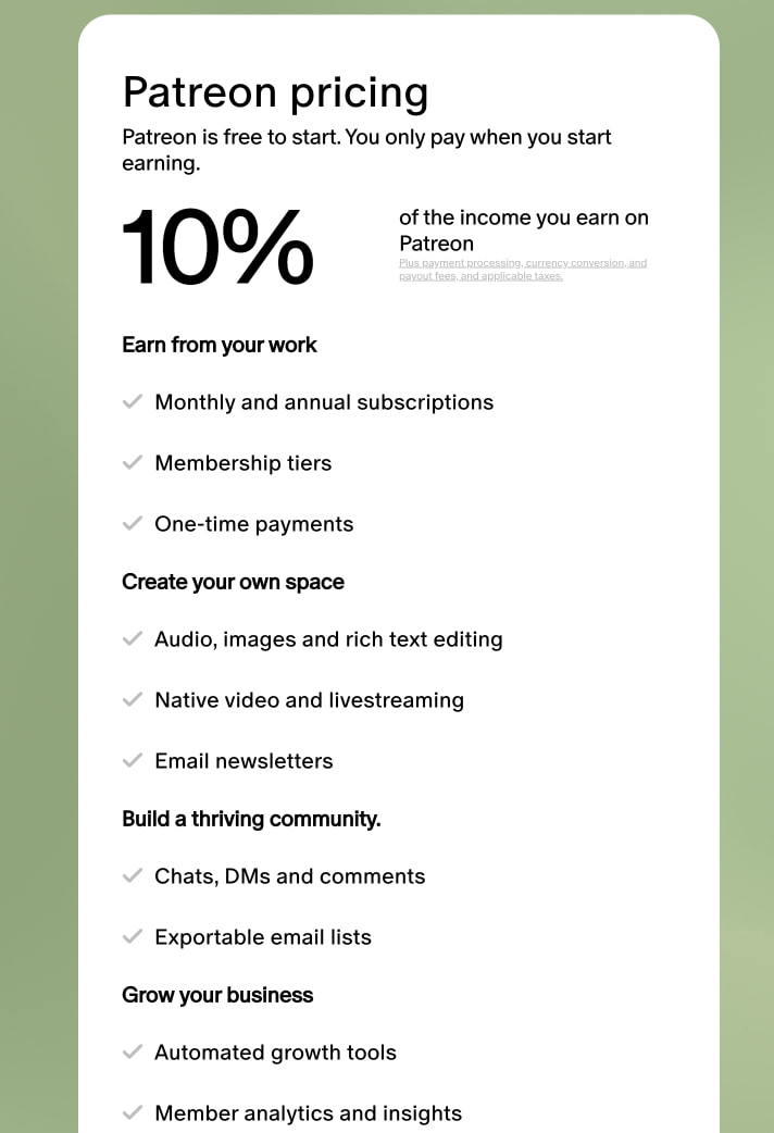 Patreon pricing | start a Patreon account for free — Patreon captured website design