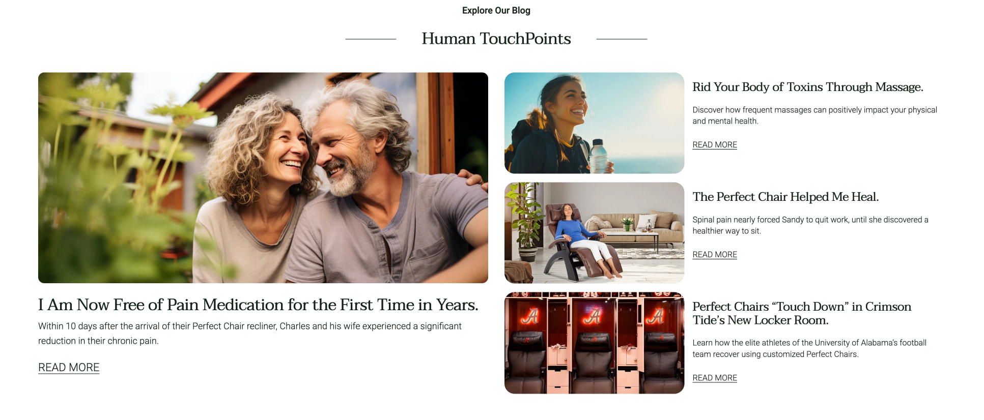Blog grid with asymmetric image layout, serif headlines, and underlined READ MORE links on white captured website design