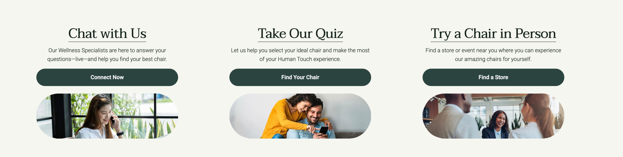 Three-column engagement section with rounded pill buttons and oval-cropped lifestyle photography on warm off-white captured website design