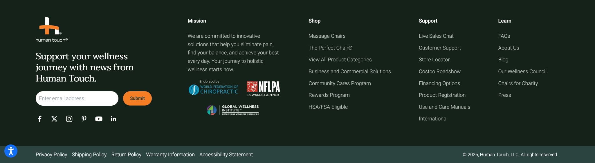 Dark forest footer with email capture, social icons, and multi-column navigation links on near-black background captured website design