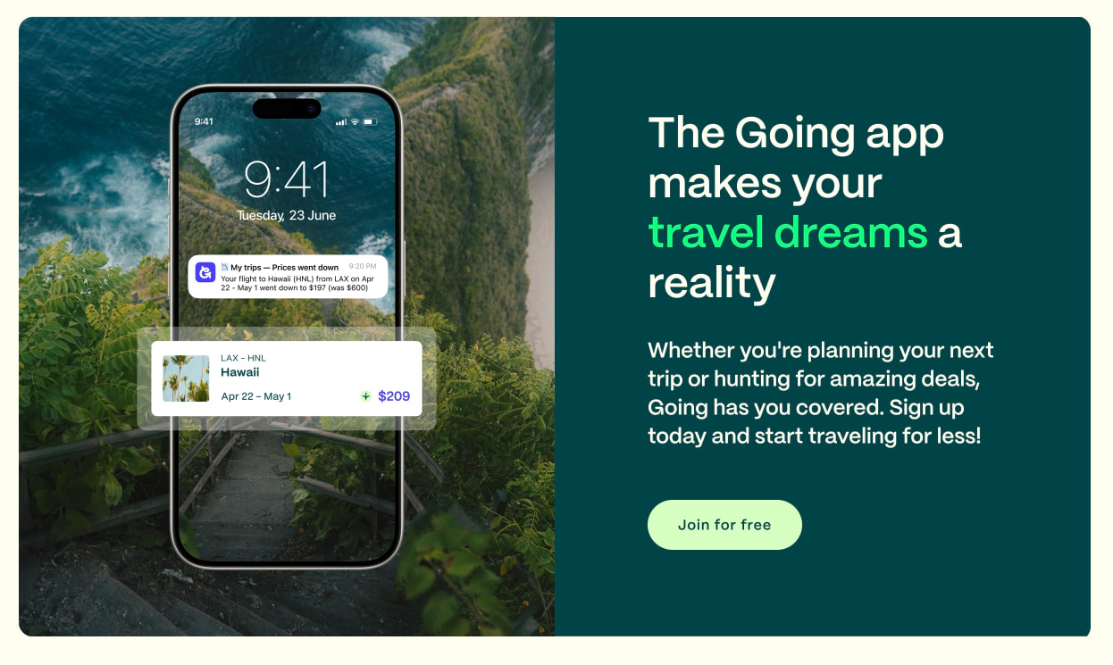 Going™ | Flight Alerts, Mistake Fares & Cheap Tickets captured website design