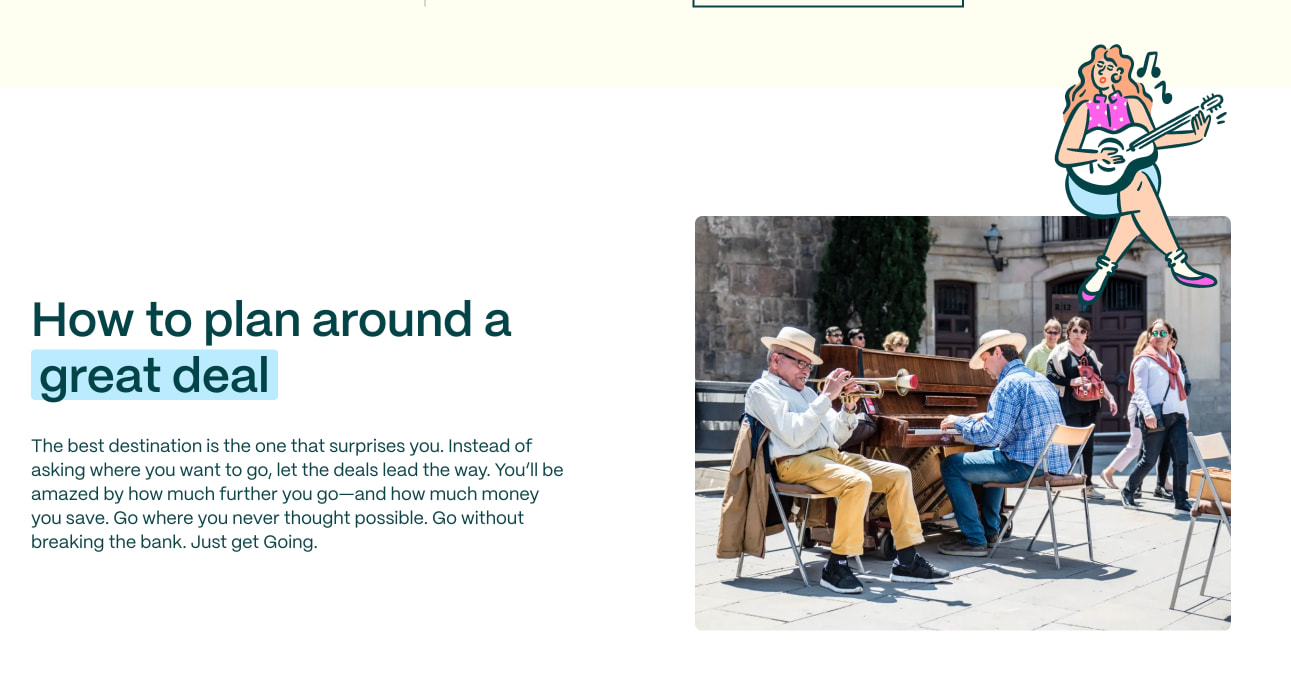 Content section with large teal heading, highlighted 'great deal' text on pale blue, travel photography, and guitar-playing illustration. captured website design