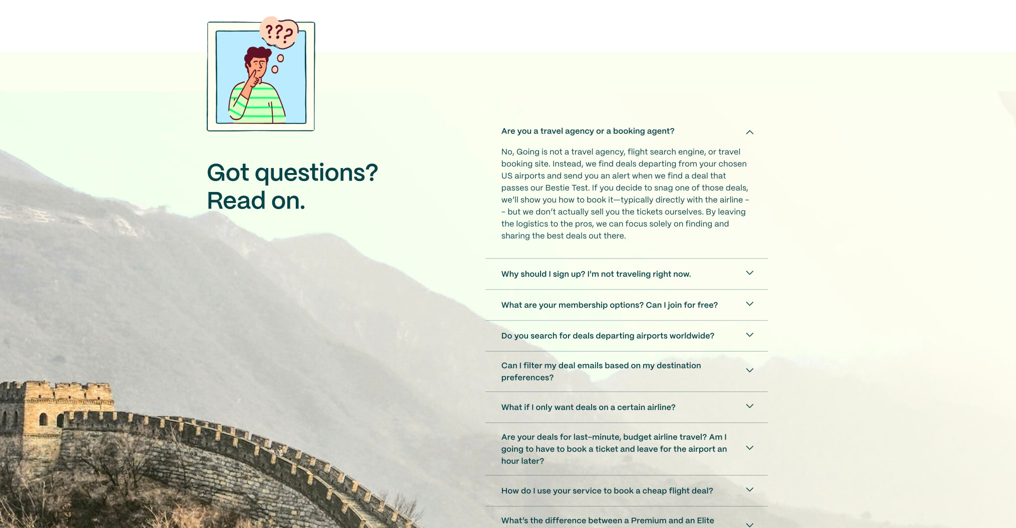 FAQ section with split layout: mountain photography on left, accordion questions with teal text on pale cream right panel. captured website design