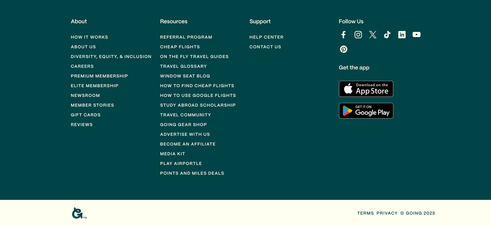 Dark teal footer with four-column link grid, social icons, app store badges, and cream bottom bar with Going logo. captured website design