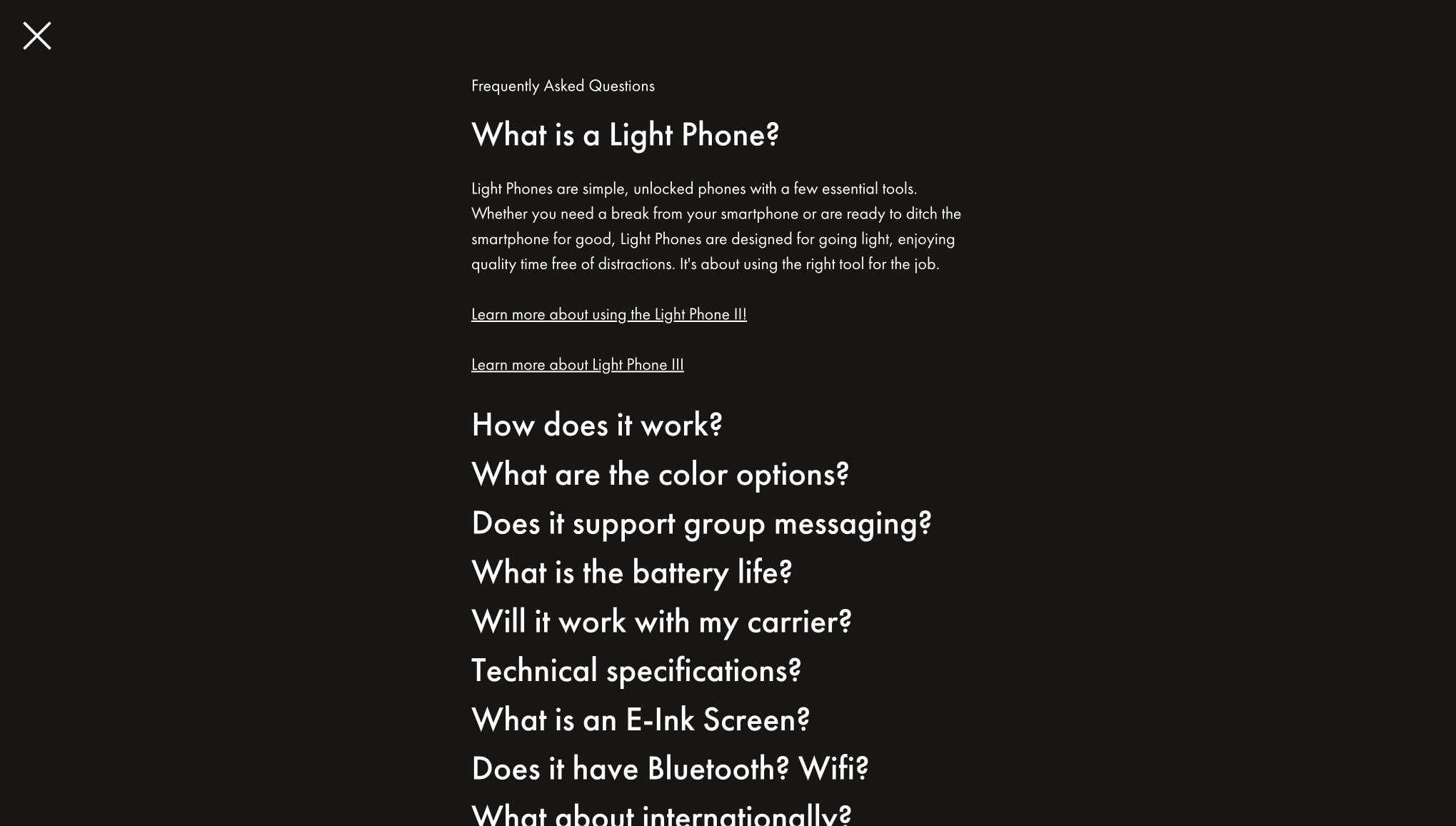 FAQ | The Light Phone captured website design