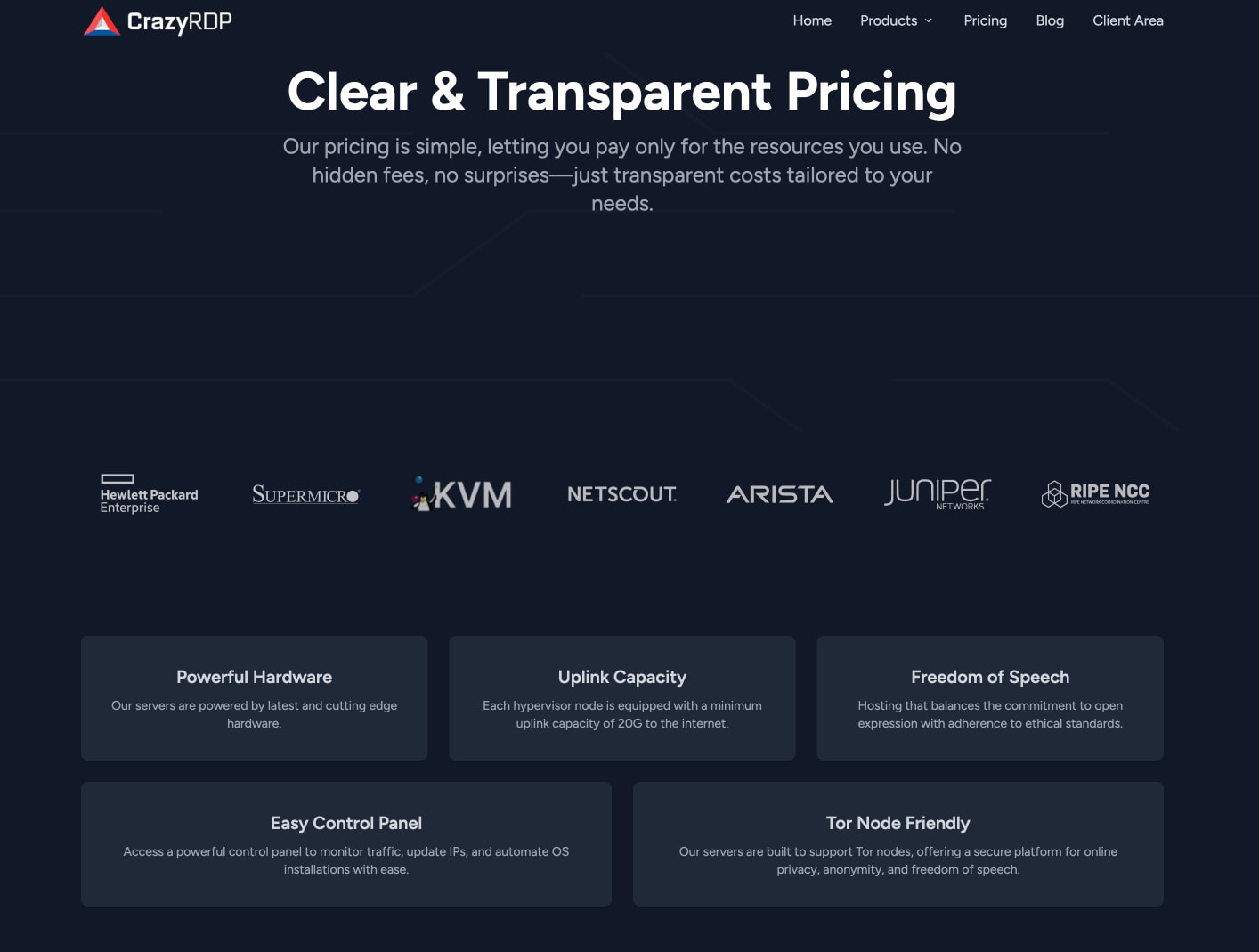 Pricing page header with large white display type, partner logos, and five feature cards in dark theme captured website design