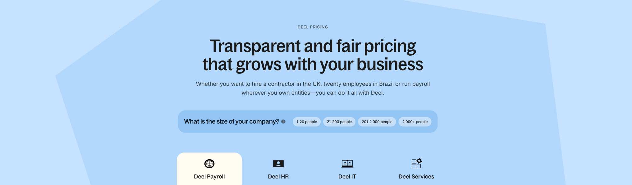 Pricing | Transparent & Fair Pricing | HRIS Costs | Deel captured website design