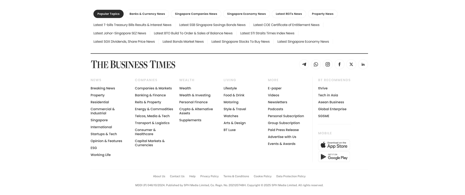 Footer section showing The Business Times logo, multi-column navigation links, social media icons, and app store badges on a white background with subtle gray borders captured website design