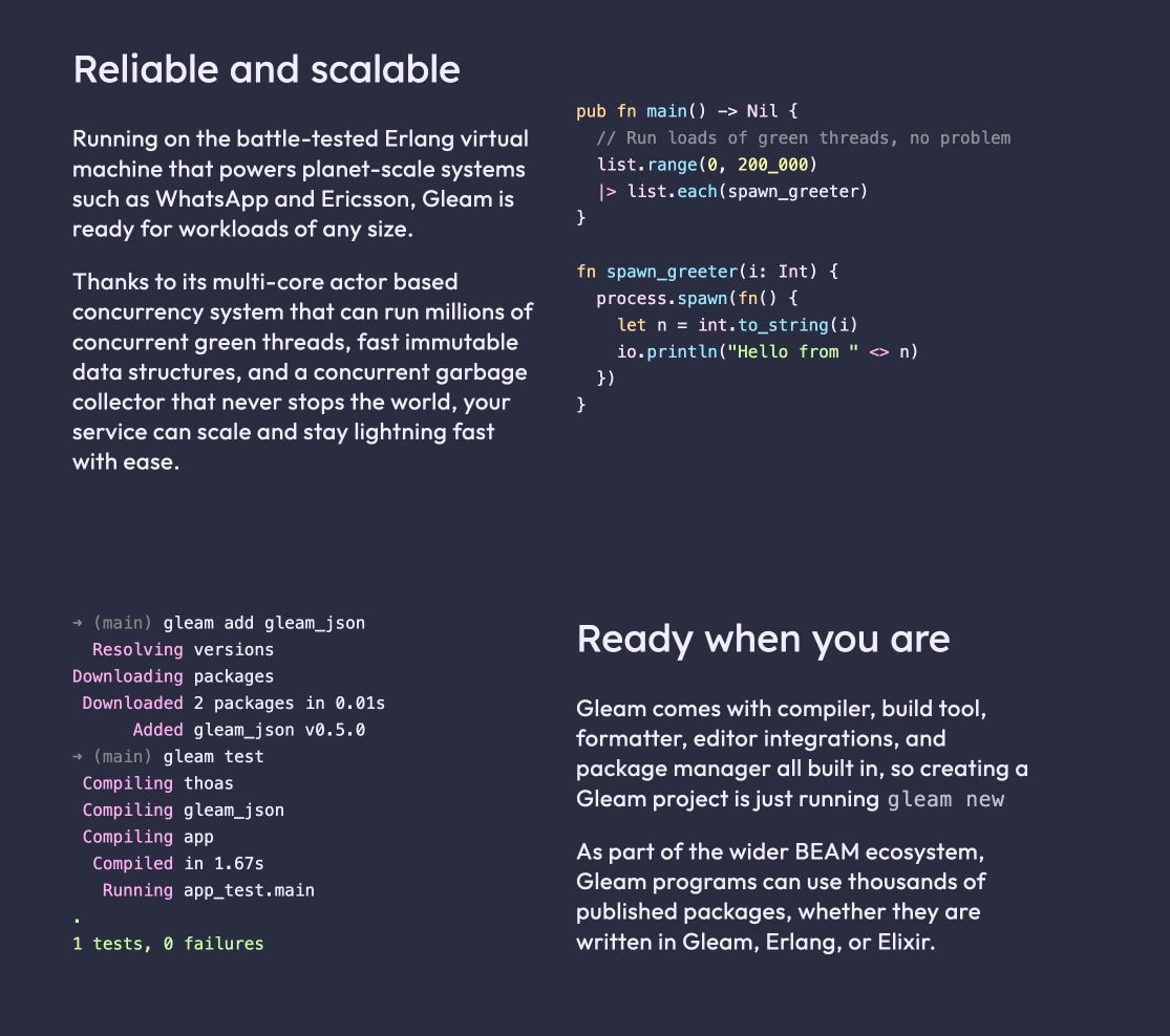 Feature section with dark navy background, code syntax highlighting, terminal output, and white section headings captured website design