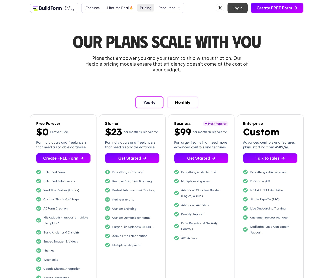 Pricing – Buildform captured website design