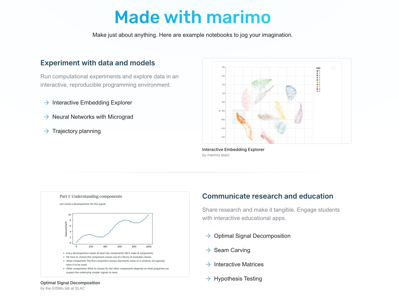 Gallery section with gradient 'Made with marimo' heading, example notebook cards with data visualizations and arrow-linked project titles captured website design