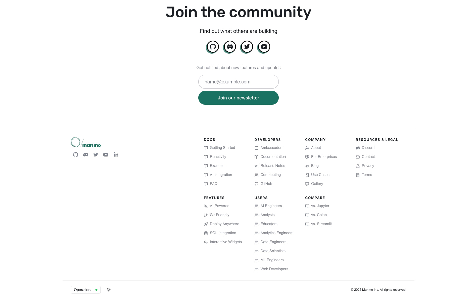 Community section with newsletter signup form, social icon buttons, and multi-column footer with categorized navigation links captured website design