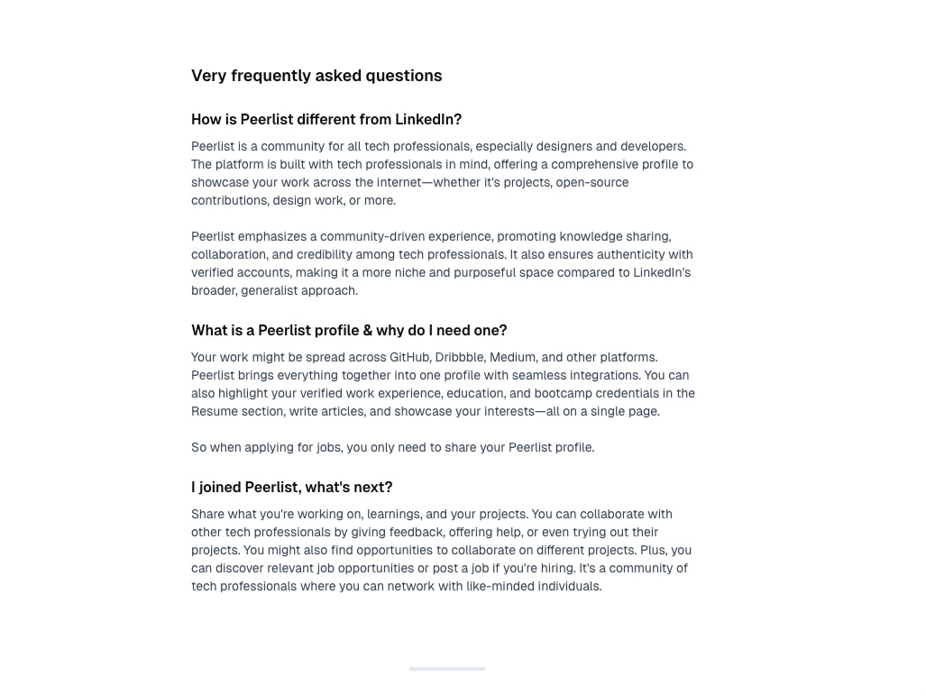 FAQ section with bold question headings and muted gray body text in a narrow centered column captured website design