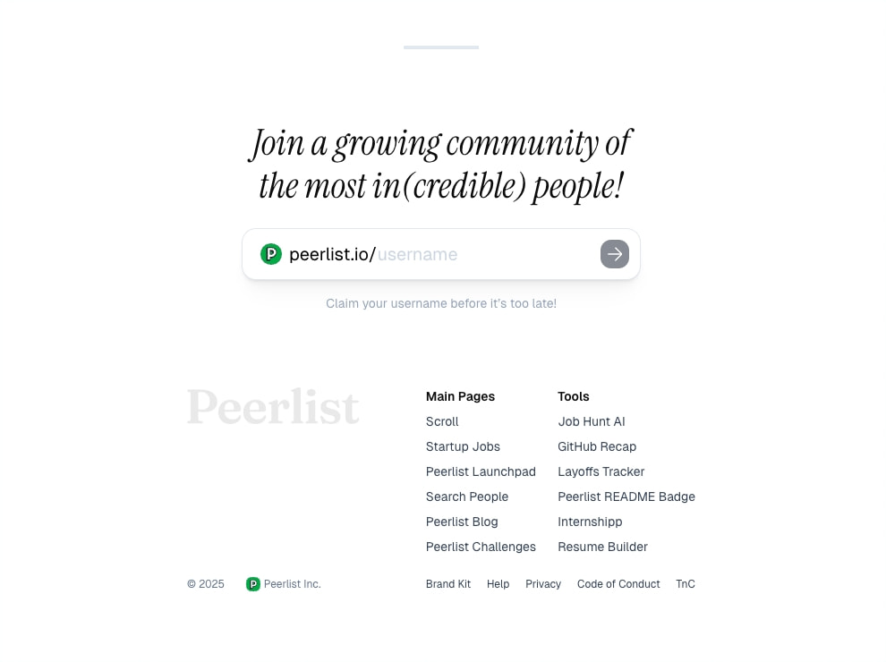Homepage footer with italic serif headline, username claim input with green icon, and multi-column link grid captured website design