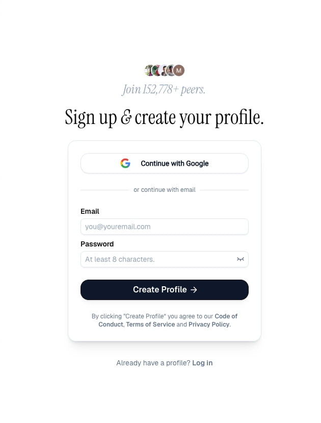 Signup page with stacked avatar group, italic serif subhead, and rounded dark submit button in a shadowed card captured website design