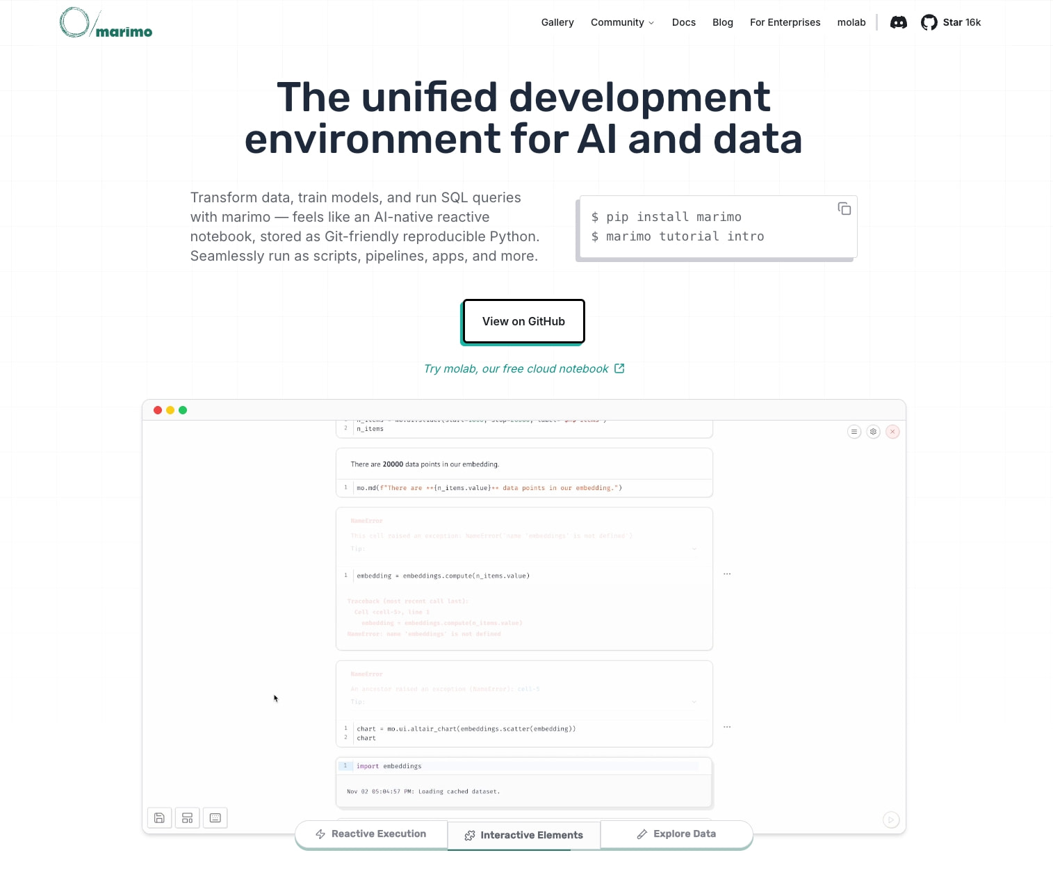 Top navigation with marimo logo, hero headline 'unified development environment', install command block, and notebook UI screenshot with tabbed controls captured website design