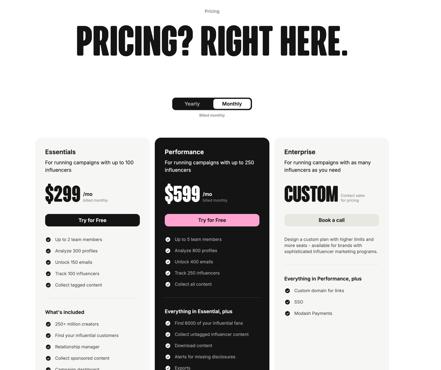 Plans and Pricing | Modash.io captured website design