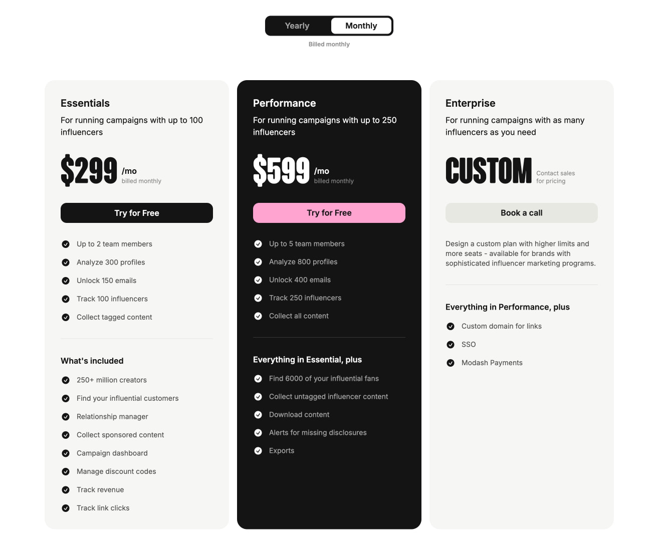 Plans and Pricing | Modash.io captured website design
