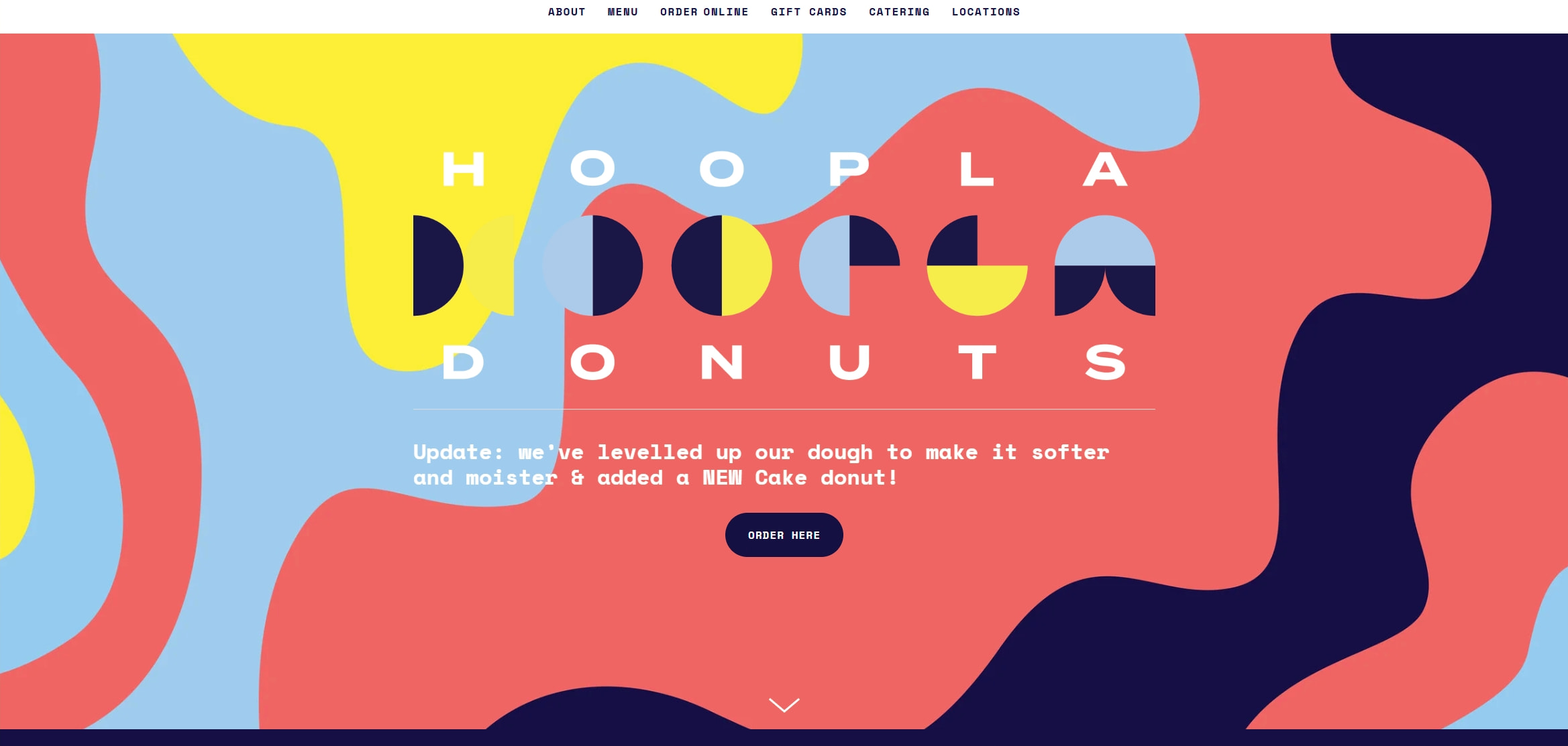 Full viewport hero with geometric letterforms, coral background waves, navy accent blobs, and centered update announcement with pill CTA captured website design