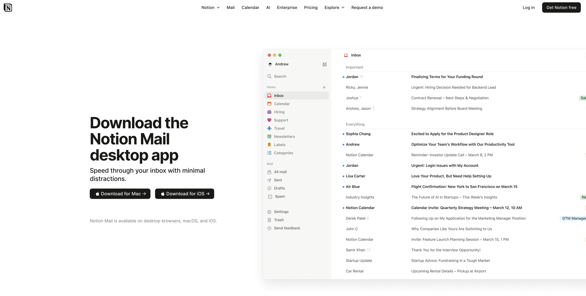 Notion Mail for Mac captured website design