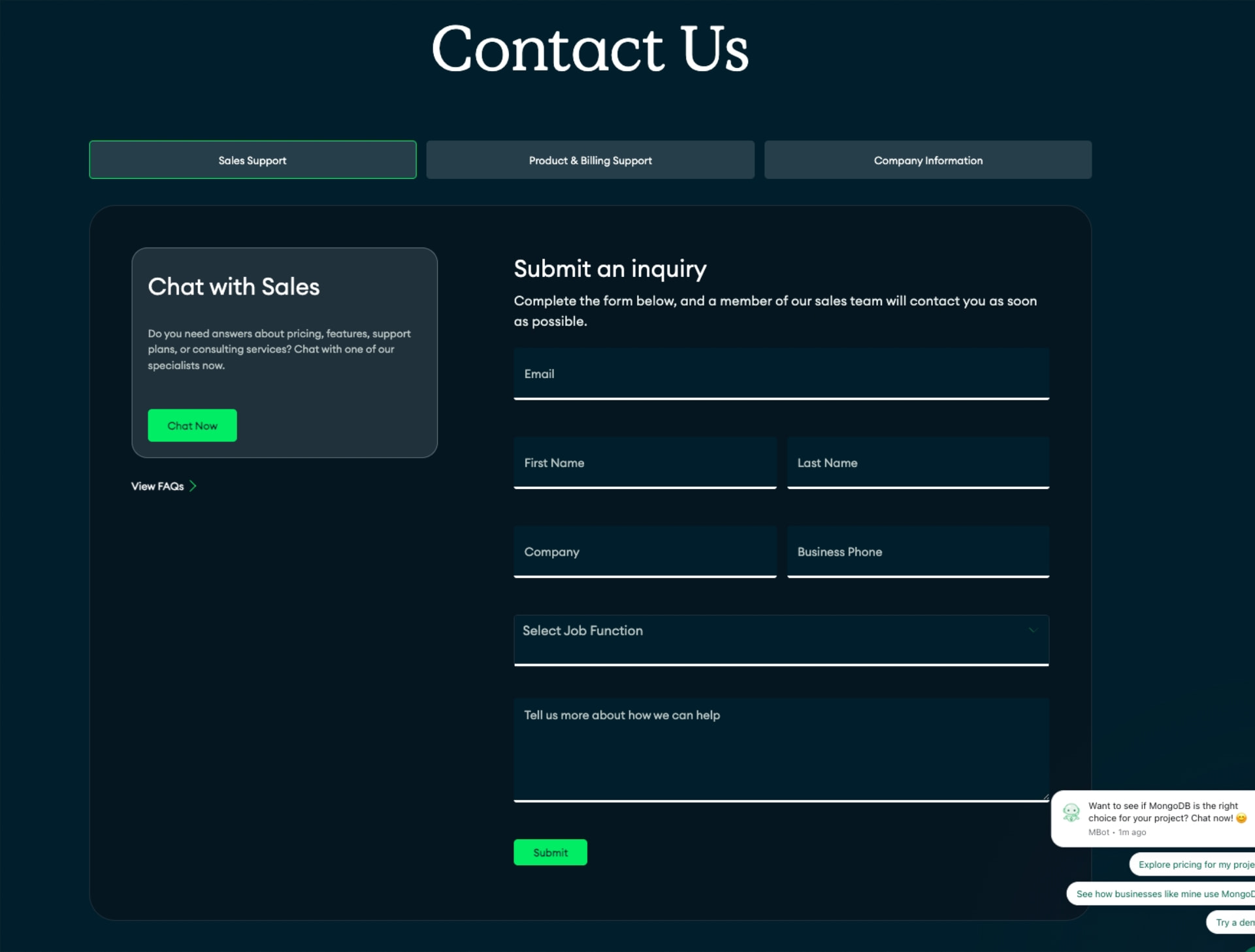 Contact Us | MongoDB captured website design