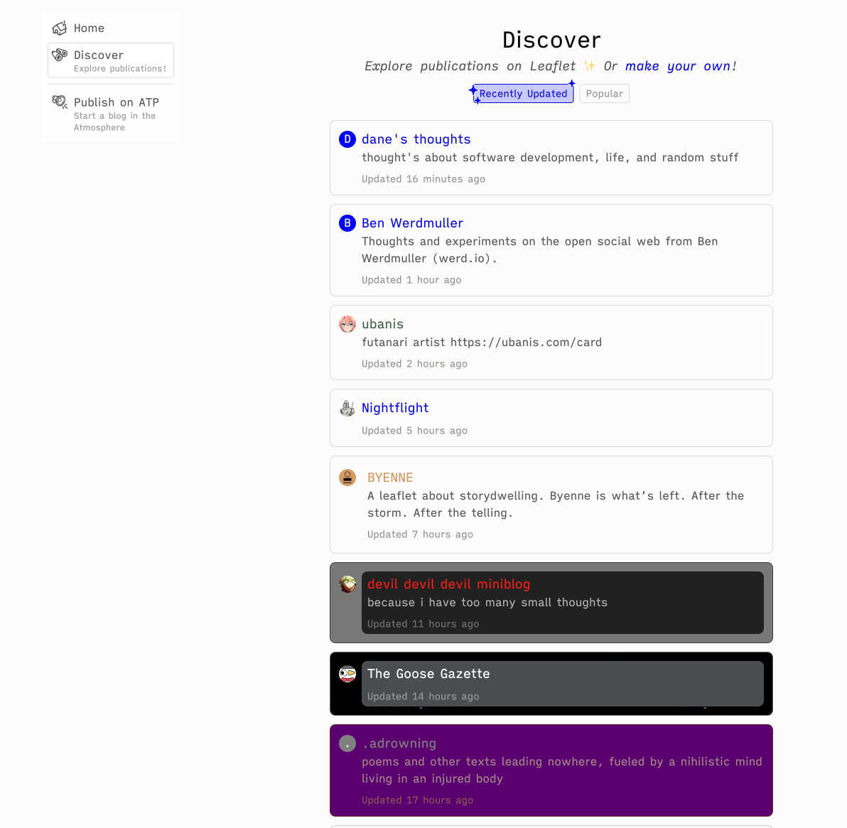 Discover page showing sidebar navigation, publication cards with varied accent colors including dark and purple themes, and tab filters for Recently Updated and Popular captured website design