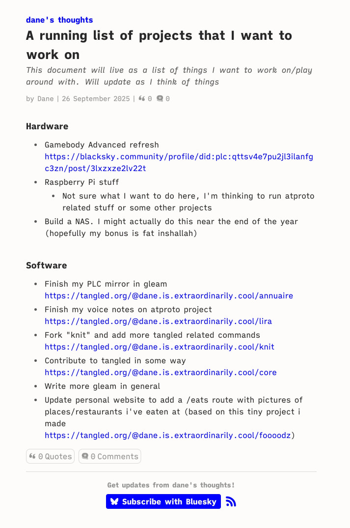 A running list of projects that I want to work on - dane's thoughts captured website design