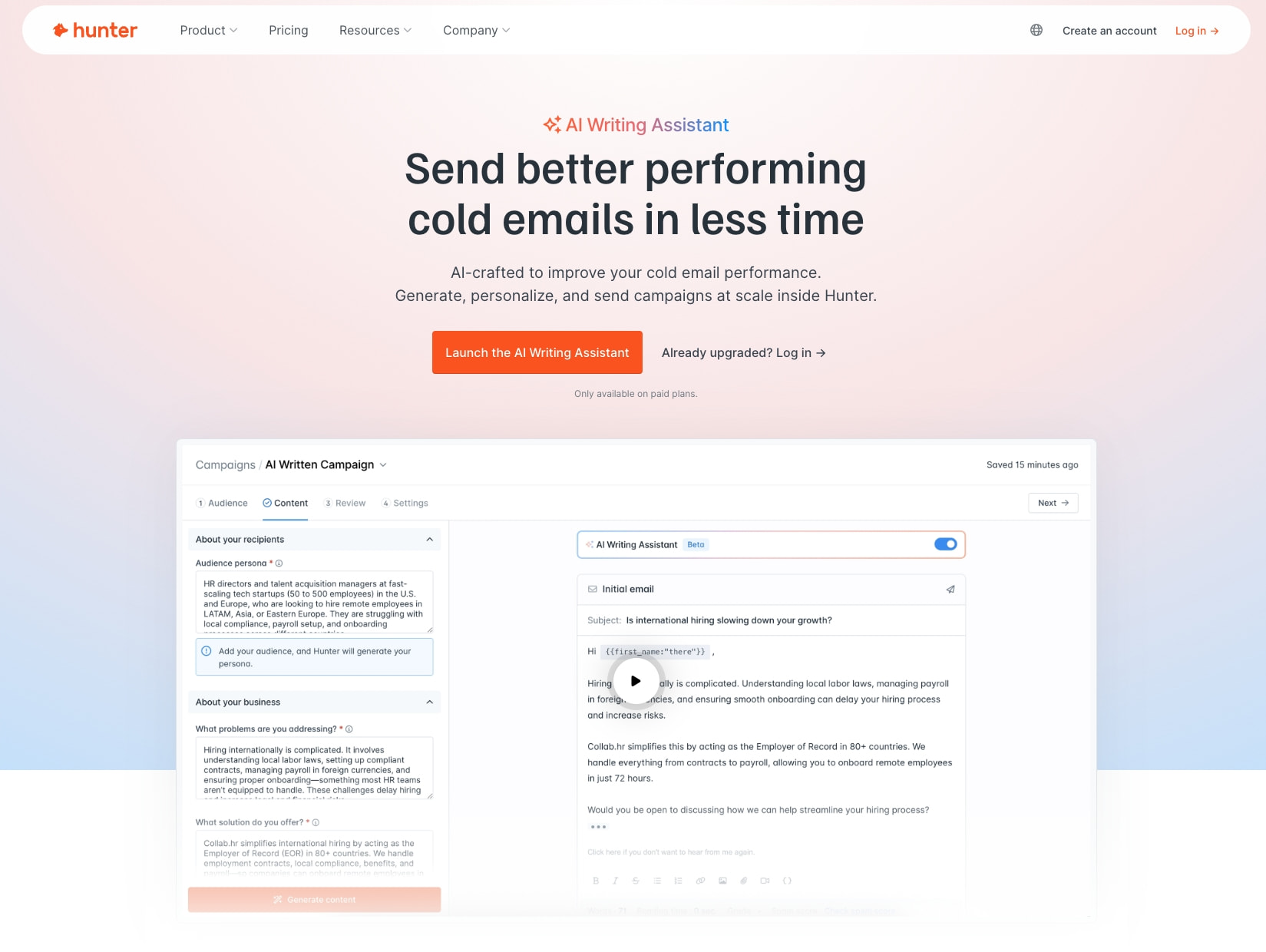 AI cold email assistant | write better emails faster • Hunter captured website design
