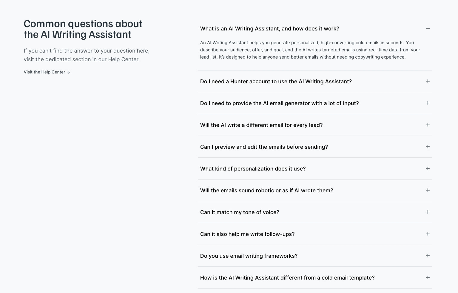 AI cold email assistant | write better emails faster • Hunter captured website design