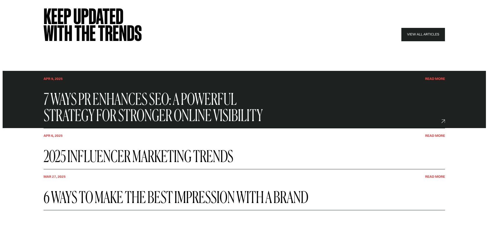 Articles list section with black condensed heading, coral metadata labels, and alternating dark and light article rows captured website design