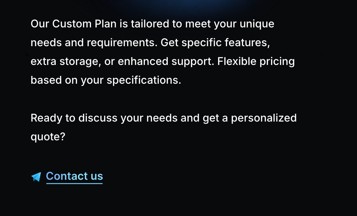 Custom Plan section with large white body text on pure black background and cyan underlined contact link captured website design