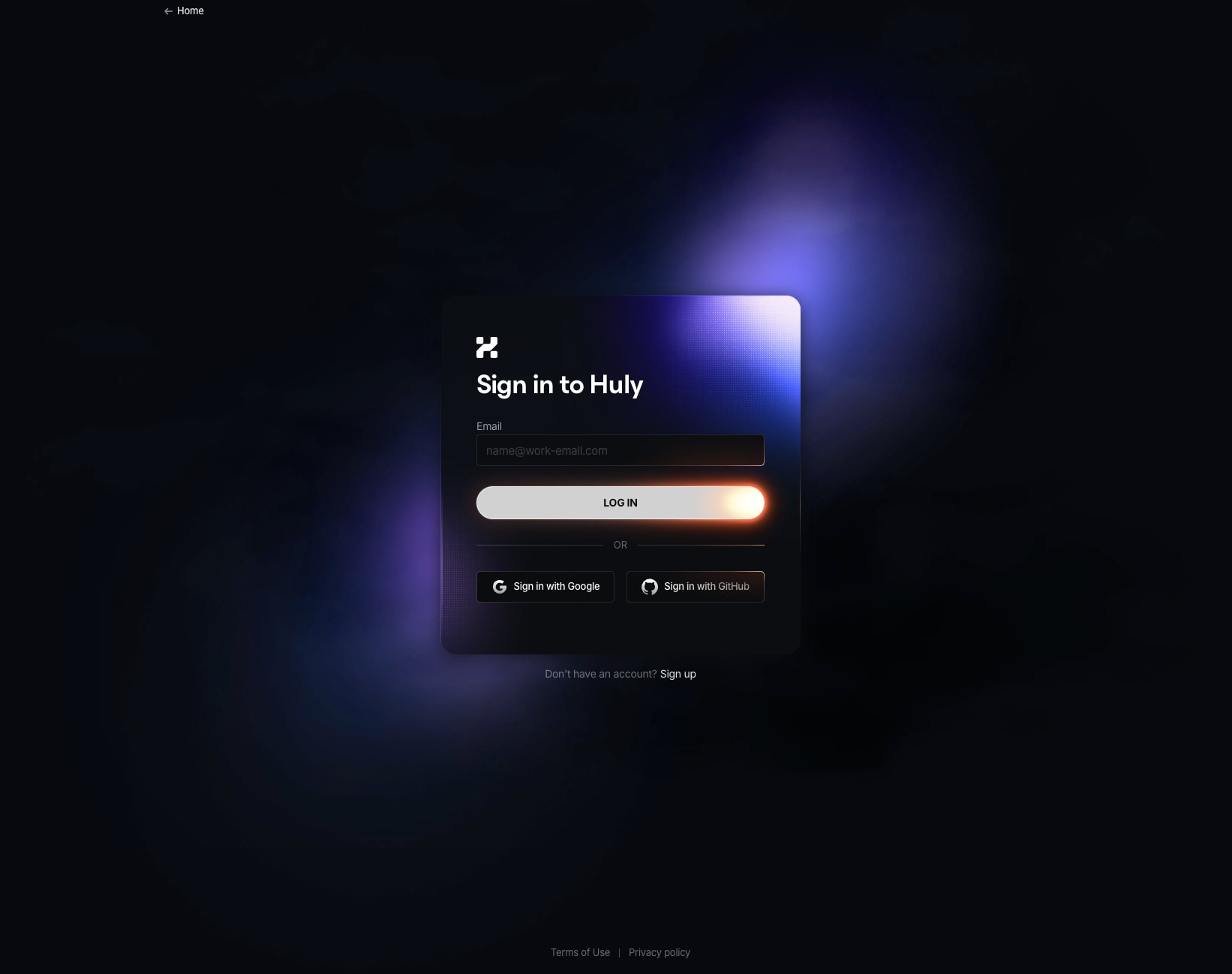 Login page mirroring signup layout with dark translucent card, Huly logo, and warm gradient button highlight captured website design