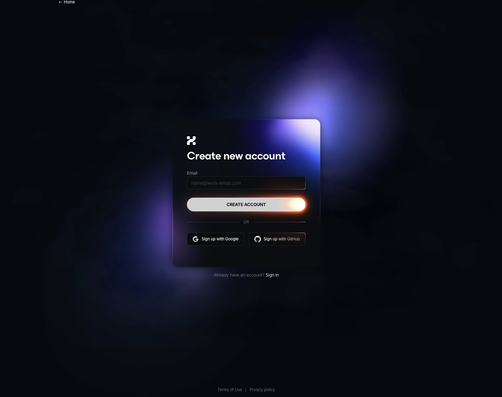 Signup page with centered dark glassmorphism card, glowing purple-blue aurora background, and illuminated primary button captured website design